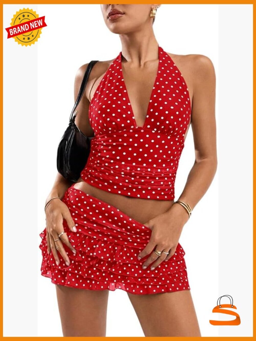 Polka Dot 2 Piece Skirt Set Halter Top & Ruffle Mini Skirt Y2K Vacation Outfit